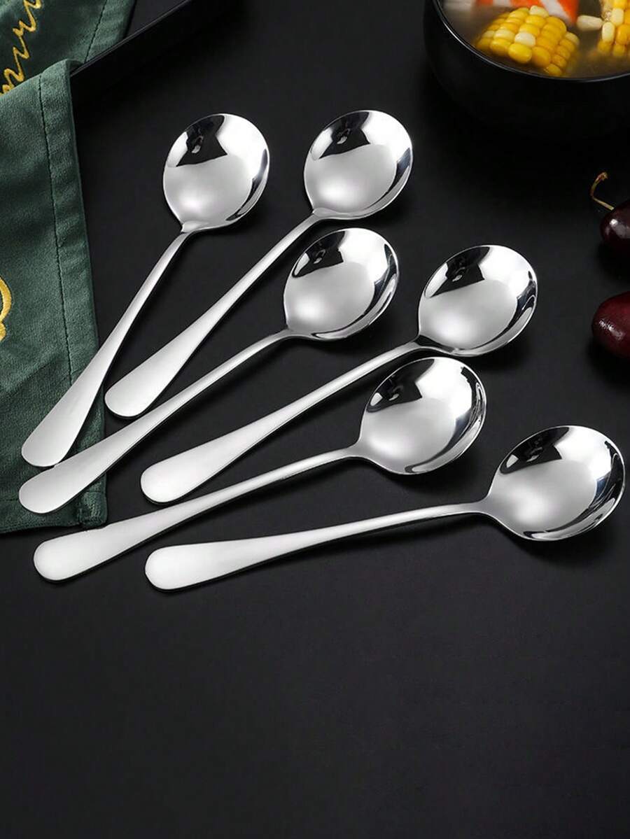 6pcs Thickened Stainless Steel Wide Handle Soup Spoons - Silver - View 1