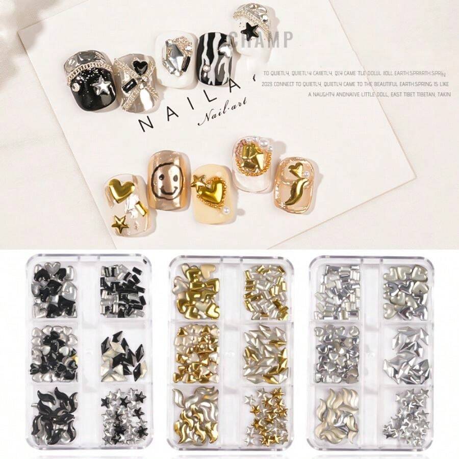 3盒网红合金美甲饰品复古立体金银黑钻心形指甲亮片美甲饰品批发这些时尚戒指美甲饰品用途广泛，非常适合3D艺术、闪光美甲、工艺品、节日装饰、美甲、手机壳、邀请卡等。美甲钻石适合专业美甲沙龙和家庭使用。这是送给美甲爱好者的礼物。 - 彩色 - 查看 1