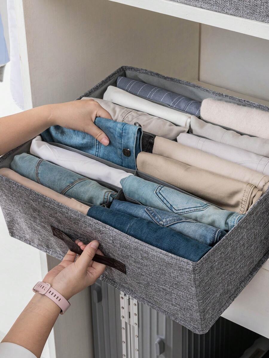 1入組16格衣物收納盒,米色亞麻服裝隔層收納盒,衣物和褲子組織收納箱,適用於臥室和宿舍衣櫥收納組織者,衣櫥抽屜式分層收納籃,有把手 - 灰色 - 查看 1