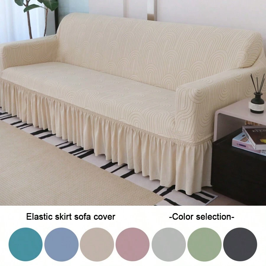 1 Piece Jacquard Velvet Sofa Cover, Elastic Full Skirt Sofa Cover, Simple Modern Polyester Fiber, Suitable For Living Room And Home - Beige - View 1