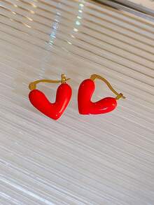 Andkiss 1pair Heart Shaped Earrings - Red - View 2