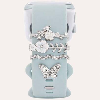 1pc Silver Stainless Steel Inlaid Butterfly & Flower Shaped Smart Watch Band Decorative Accessory Compatible With Apple Watch38/40/41/42/44/45/49mm Ultra/Se/9/8/7/6/5/4/3/2/1 Valentines