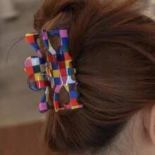 1個女性油畫風格塗鴉醋酸髮夾彩色方格發卡多巴胺髮飾 - 彩色 - 查看 5