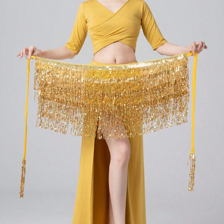 1件装女士亮片裙，闪亮肚皮舞臀巾带流苏，嘉年华裹裙，派对礼服，性感女士肚皮舞臀巾
