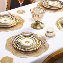 1 件雙層紋理玫瑰花朵圖案防水防油餐墊套裝防滑耐熱餐桌墊,適合餐廳、飯店、廚房餐桌裝飾 - 金色 - 查看 4