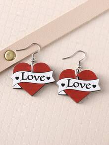 一對復古情人節愛心吊飾女士木製雙面耳環 - 紅色 - 查看 4