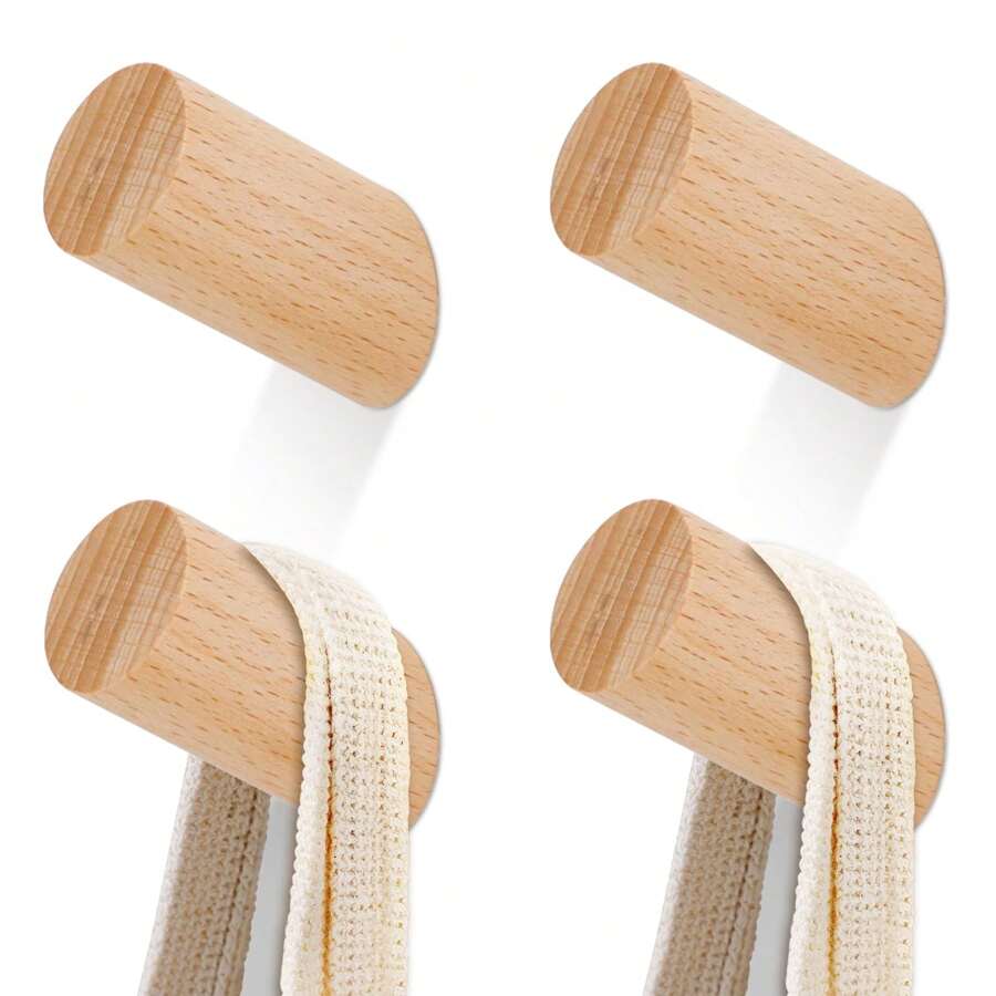 4入組橡木壁掛鉤,衣架,木製掛鉤掛在牆上,帽子衣架,浴室、臥室、客廳、廚房毛巾掛鉤,附有4根釘子 - 黃色 - 查看 1