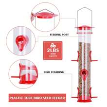 1 Pack Bird Feeders Hanging Plastic Tube Bird Seed Feeder With 6 Ports Seed Bird Feeder With Steel Hanger Weatherproof Fat Ball Bird Feeder Bird Feeder For Small Birds - Red - View 3