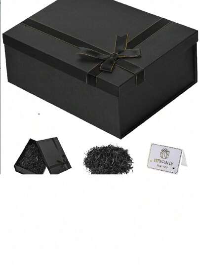 1 件可折叠蝴蝶结丝带系盖礼品盒，适用于鞋子和衣服、生日、派对、情人节，黑色