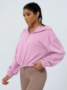 女套頭連帽瑜珈健身戶外跑步拉鍊寬鬆長袖運動運動衫 - 紫色 - 查看 4