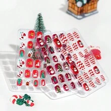 聖誕兒童指甲貼,全粘,可愛手工短美甲,小號適合兒童,耐磨 - 綠色 - 查看 4