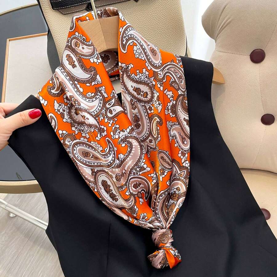 1入維多利亞設計橙色印花絲巾,女式90x90cm戶外頭巾髮帶 - 亮橙色 - 查看 1