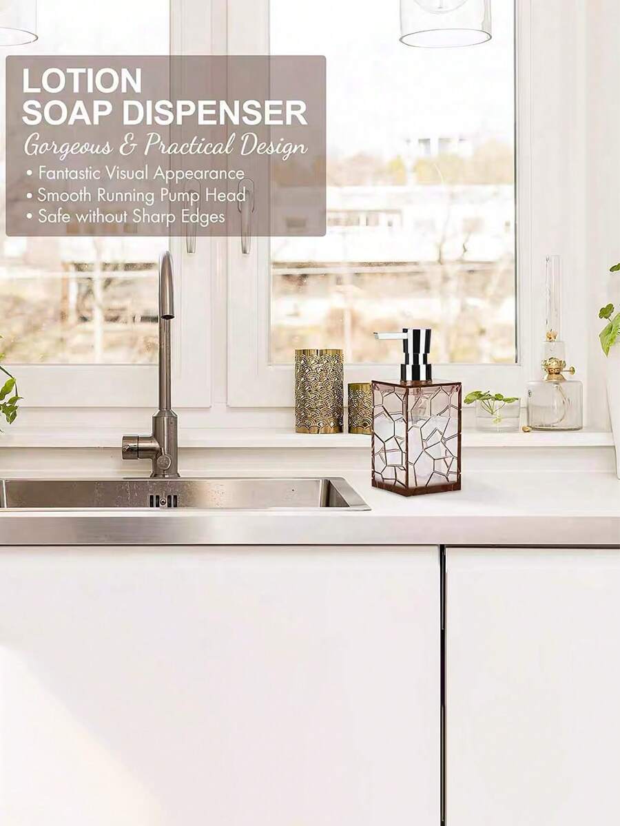 1個水晶狀亞克力透明壓力瓶,可加滿淋浴露、洗髮水、護髮素、護膚品或香水,適合學生宿舍並方便攜帶 - 透明琥珀色 - 查看 1