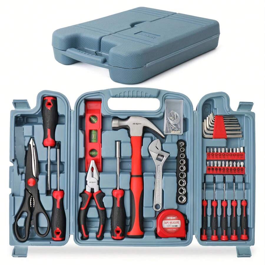 56 Piece Tool Set - Tool Kits For Handyman, Homeowners With Level Screwdriver Hammer - DIY Household Tool Kit For Home With Portable Tool Kit Box Storage Case, Pink,Red - Red - View 1