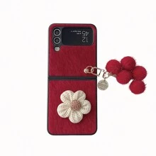 1個紅色塑料表面和pu絨毛花裝飾的手機殼和1個毛茸茸的球掛件,適用於samsung Galaxy Z Flip5 4 3 5g - 紅色 - 查看 14