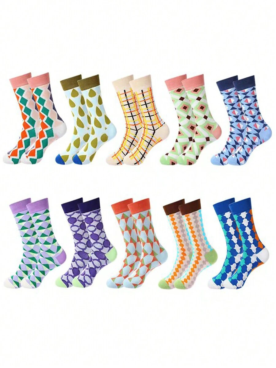 4pairs Women's Creative Diamond Grid Unique Fashionable Interesting Mid-Calf Socks (Random Design) For Spring, Autumn And Winter - Multicolor - View 1