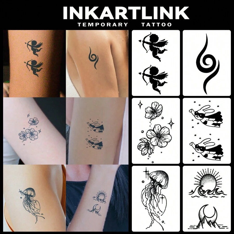 Inkartlink 5*8 公分 6 件/套小設計草藥汁臨時紋身,紋身,15 天紋身,半永久紋身,逼真,持久 1-2 週 - 黑色 - 查看 1