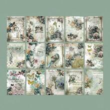 YANJI 30 件復古主題剪貼簿紙,帶有蝴蝶和花朵圖案,diy 藝術工藝裝飾材料,用於個性化相冊,學校用品 - 綠色 - 查看 10