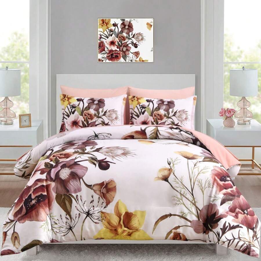 DJY 7 Pieces Purple Floral Comforter Sets Full Queen King Bed In A Bag,Elegant Flower Comforter With Sheet Set, Soft Microfiber Bedding Set For Wedding Items,Valentines Day Home Bed Room Decor,Mothers Day Gift,All Season - Đỏ - Xem 1