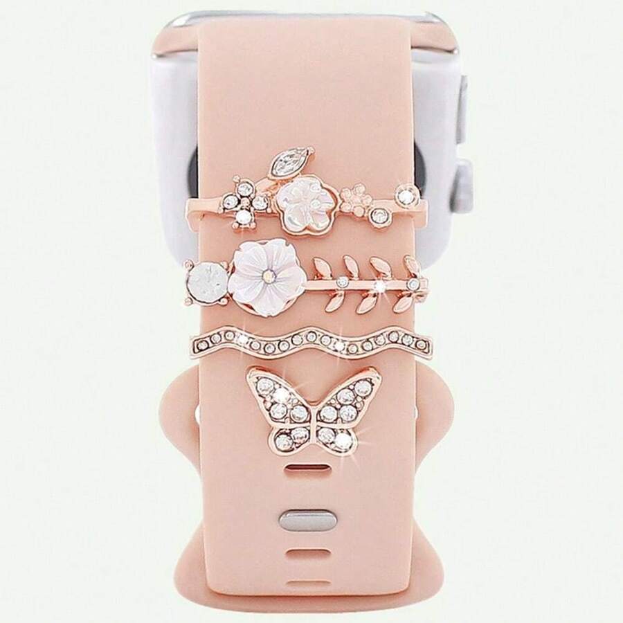 1 pieza Correa de reloj inteligente de aleación con decoración de mariposa con strass en color oro rosa, compatible con Apple Watch 38/40/41/42/44/45/49mm Ultra/SE/9/8/7/6/5/4/3/2/1