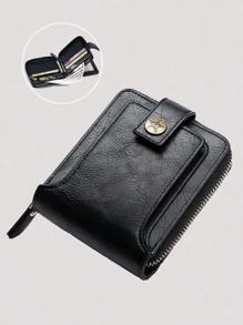 1個男性多色時尚復古pu短錢包,帶拉鍊和扣環,日常使用 - 黑色 - 查看 1