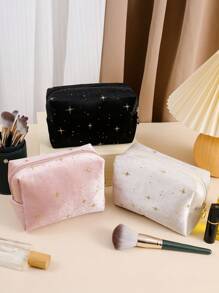 1個星空毛絨八角化妝包,便攜式高端容量化妝品組織者,男女通用化妝工具收納袋家庭整潔袋 - 黑色 - 查看 3