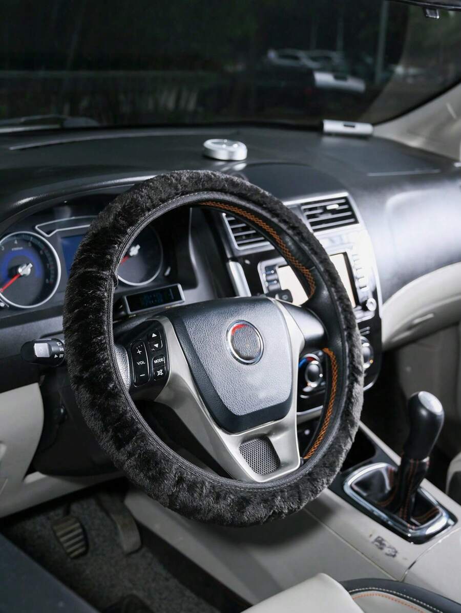 1 件防滑毛绒方向盘套（无内圈），冬季保暖通用方向盘套，米色或黑色汽车内饰配件 - 黑色 - 查看 1