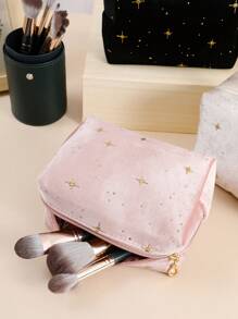 1個星空毛絨八角化妝包,便攜式高端容量化妝品組織者,男女通用化妝工具收納袋家庭整潔袋 - 黑色 - 查看 4