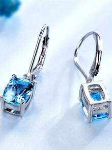 1 對幾何形狀簡約優雅藍色方晶鋯石耳環,時尚魅力女士日常佩戴耳環 - 銀色 - 查看 2