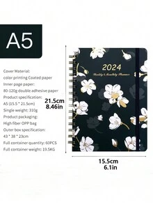 1pc 2024 Coil Notebook With Spiral Week Plan, Floral Schedule Book, English Diary - Multicolor - View 2