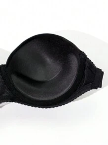 1 Stück schwarzer glänzender Bügel-BH mit Halbkupfung, dicker Polsterung, transparenten Trägern und rückenfreiem Design, Lingerie