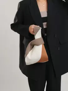 lulu kewen 1个女士手提包，撞色钩编包，迷你钩编手提包，花卉图案，透气轻便，可折叠带口袋 - 卡其色 - 查看 4