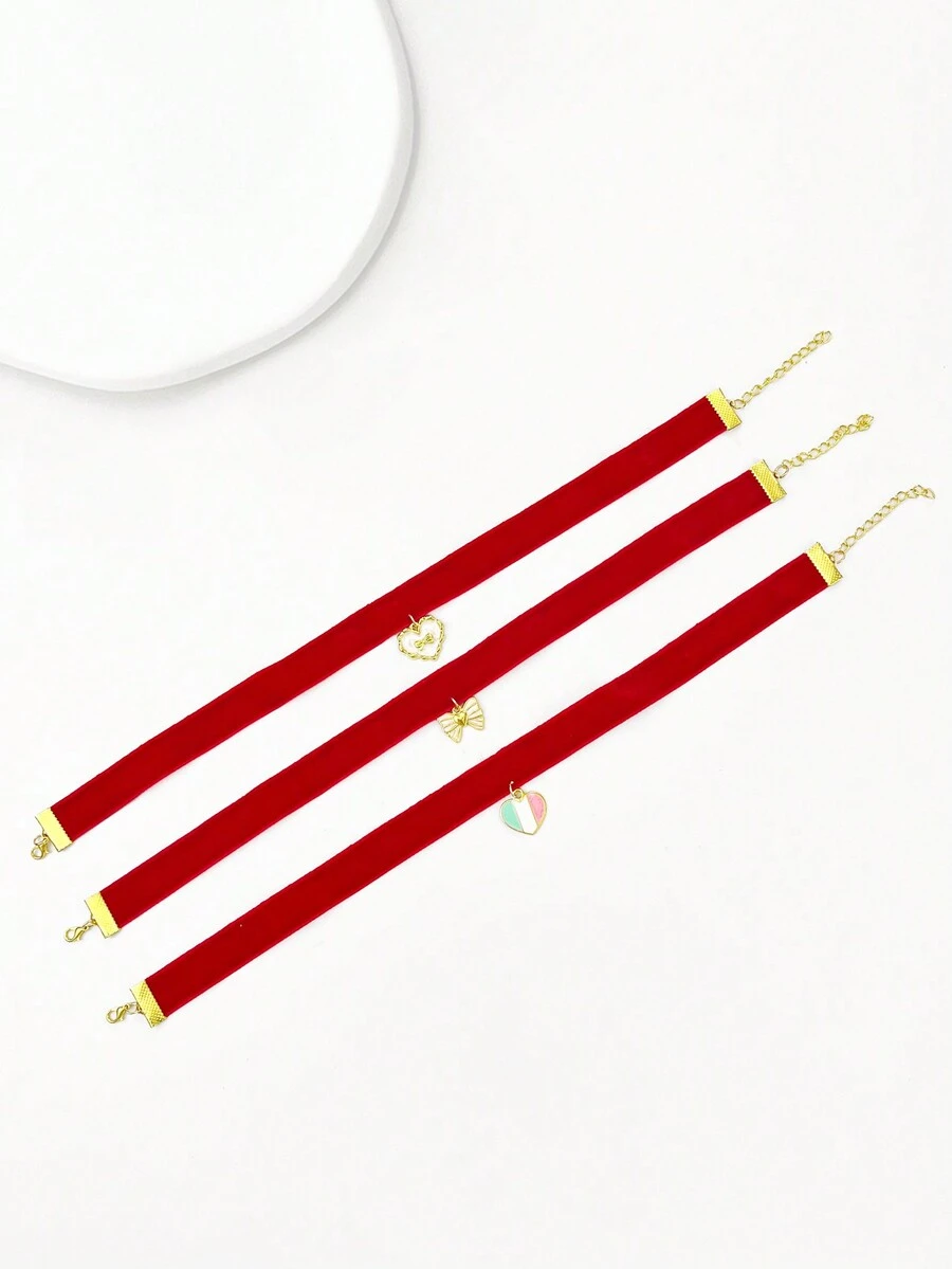 1 件 2000 年風格紅色心形吊墜設計天鵝絨項圈/項鍊/鎖骨鏈,簡約甜美 - 愛心蝴蝶結吊墜 - 查看 1