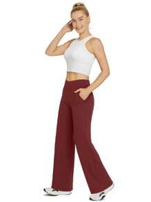 Women's Solid Color Cross-Waist Athletic Pants - Red - View 4