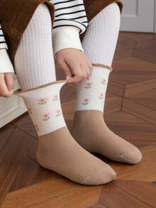 5 雙/包米色花卉印花兔耳毛絨溫暖柔軟舒適兒童襪子 - 彩色 - 查看 5