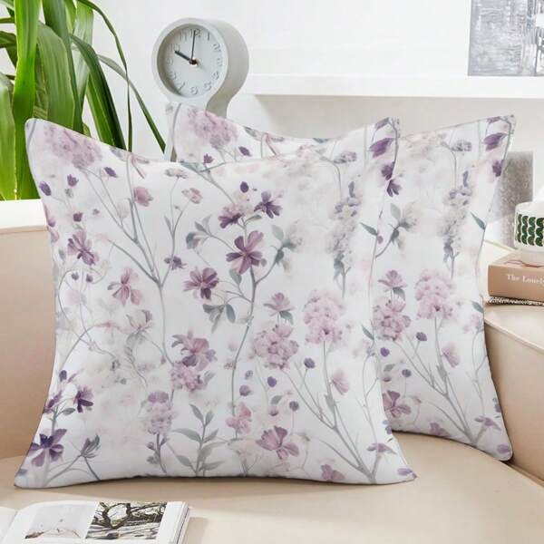 2pcs Linen Square Pillowcase With Flower & Leaf Decoration For Home Decorative Sofa Bedding (Pillow Insert Not Included)