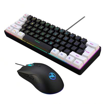 HXSJ Wired Keyboard And Mouse Combo Set, 61 Keys Slim Film Keyboard With Dual-Color Injection Molding Keycaps, Optical Mouse With Colorful Backlit, USB Plug And Play