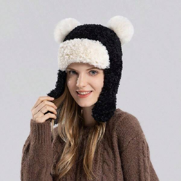 Women'S Winter Hat With Bear Ears, Plush Lined, Plus Velvet, Warm And
