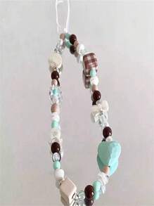 Ins Mint Green & Coffee Brown Handmade Simple Beaded Cell Phone Charm For Teen Girls, Heart Detail Beaded Chain - Blue - View 4