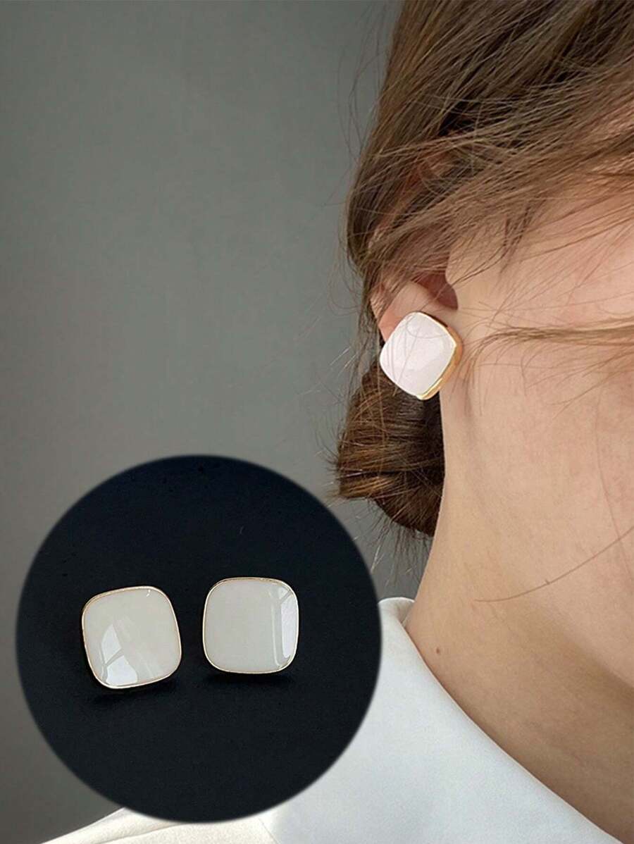 topshiny 1 对女士几何水钻方形耳钉，韩式简约黑色吊坠耳环女士珠宝 - 白色 - 查看 1