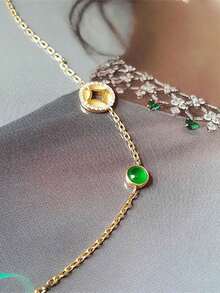 1入組天然翡翠鍍銅幣和財富符號設計手工雕琢翡翠和發光綠色卵形串珠彈性手鐲,女性日常佩戴適用 - 綠色 - 查看 3