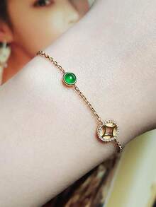 1入組天然翡翠鍍銅幣和財富符號設計手工雕琢翡翠和發光綠色卵形串珠彈性手鐲,女性日常佩戴適用 - 綠色 - 查看 1