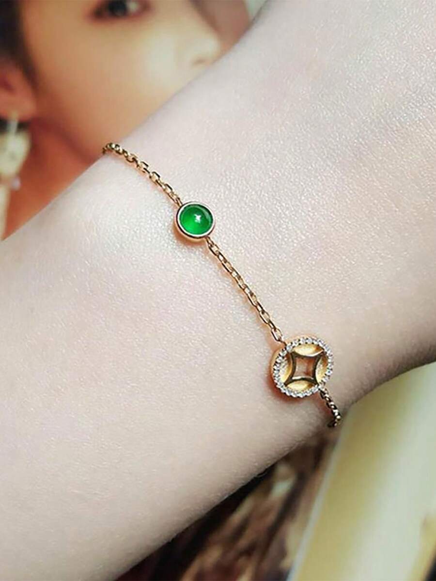 1入組天然翡翠鍍銅幣和財富符號設計手工雕琢翡翠和發光綠色卵形串珠彈性手鐲,女性日常佩戴適用 - 綠色 - 查看 1