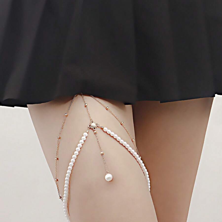 1pc European & American Style Faux Pearl Pendant Elastic Adjustable Leg Chain For Sexy Girls Daily Wear, Leg Bracelet - Gold - View 1