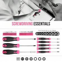 56 Piece Tool Set - Tool Kits For Handyman, Homeowners With Level Screwdriver Hammer - DIY Household Tool Kit For Home With Portable Tool Kit Box Storage Case, Pink,Red - Red - View 2