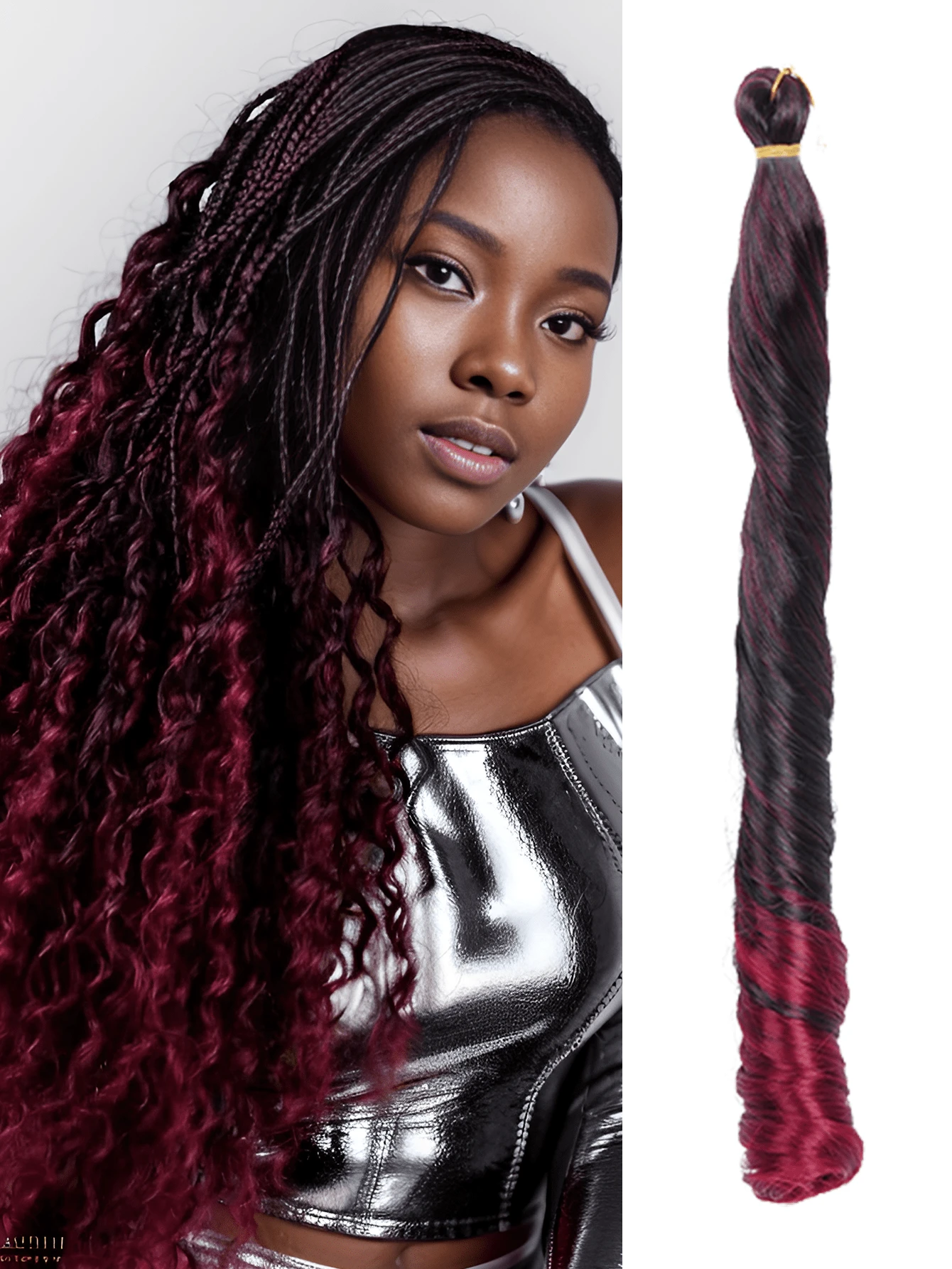 聖誕新年禮物配件合成法國捲曲擴展藍黑巧克力棕色灰色bug綠色多彩螺旋捲曲鉤針編織髮高溫鬆散波浪捲髮飾女性日常假期和cosplay用的編織頭髮,22 英寸 150 克/束,1 包裝 - 酒紅色 - 查看 1