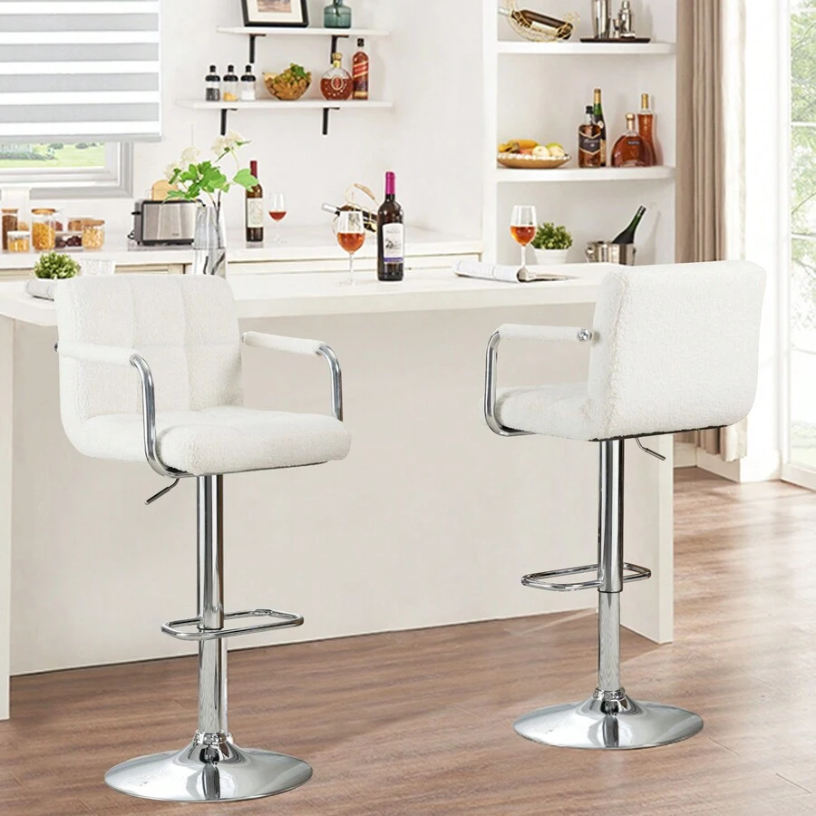 Fumahaus Cybern Monday Winter Sherpa Height Adjustable Bar Stools Set Of 2 Modern Swivel Counter Height Bar Stool For Dining Room Plush Kitchen Island Stools Christmas Decor - 白色 - 查看 1