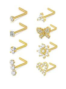 CIZME 8 piezas/set Pendientes de nariz de plata y oro para mujeres de 18G 20G, pendientes de nariz en forma de sacacorchos en L, pendientes de nariz de acero inoxidable, joyas de piercing de nariz de acero inoxidable para fosa nasal