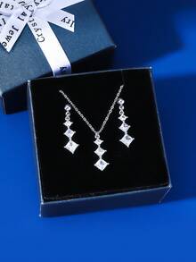 3 Stück einfaches und elegantes Charm modisches, allpassendes glänzendes Schmuckset aus Messing mit kubischen Zirkoniasteinen in quadratischer/tropfen-/tränenförmiger Form, bestehend aus Halskette und Ohrringe, geeignet für Abschluss, Urlaub, Strandparty, Zusammenkunft, Bankett, Hochzeit, Brautjungfern, beste Freunde, Freundin, Geburtstag, Liebesgeständnis, Paar, Heiratsantrag, Lehrertag, Muttertag, Valentinstag, Erntedankfest, Frauentag; kommt in dekorativer Geschenkbox mit Schleife. - Verschiedenfarbig - Übersicht 3