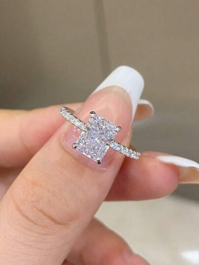 BALMORA 1pc Luxury S925 Sterling Silver Charm Ice Flower Rectangular Ring For Women For Proposal Engagement Party Wedding Bridal Jewelry Valentines